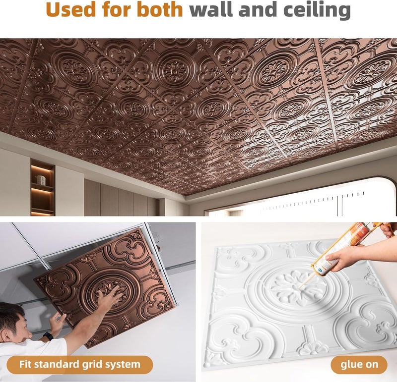 WOWSTAR 12-Pack 24"x24" Drop Ceiling Tiles, Waterproof Glue up Ceiling Panels, Antique Copper - Image 4